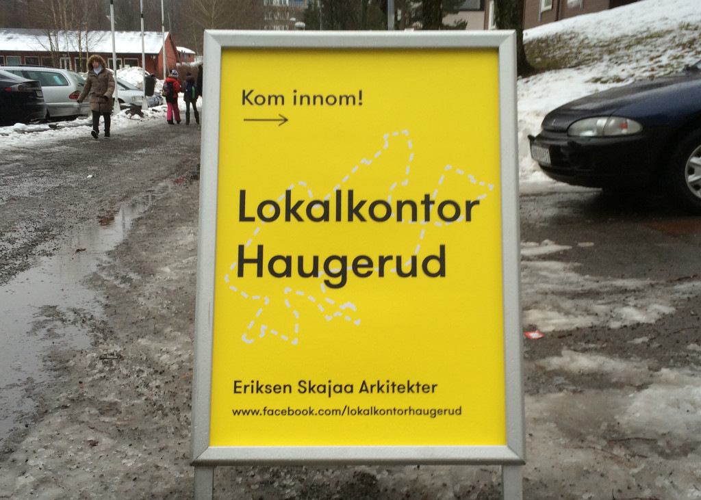Photo on the right side: Eriksen Skajaa opened a temporary local office at Haugerud in conjunction with developing the zoning plan. One of the goals is reaching out to the locals to achieve a process with user involvement.